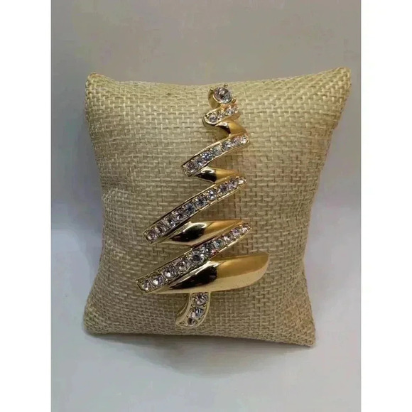 Monet Goldtone Crystal Embellishments Spiral Christmas Tree Brooch Holiday Pin - Picture 1 of 5